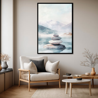 Zen Balanced Stones Misty Mountain Wall Art - Nordic Landscape Print