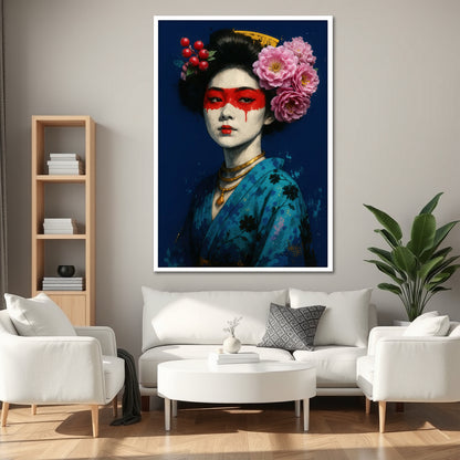 Modern Japanese Geisha Canvas Wall Art - Blue Kimono Portrait Decor