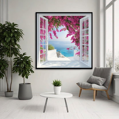 Mediterranean Open Window View Canvas Wall Art - Bougainvillea Flower Sea Landscape Print