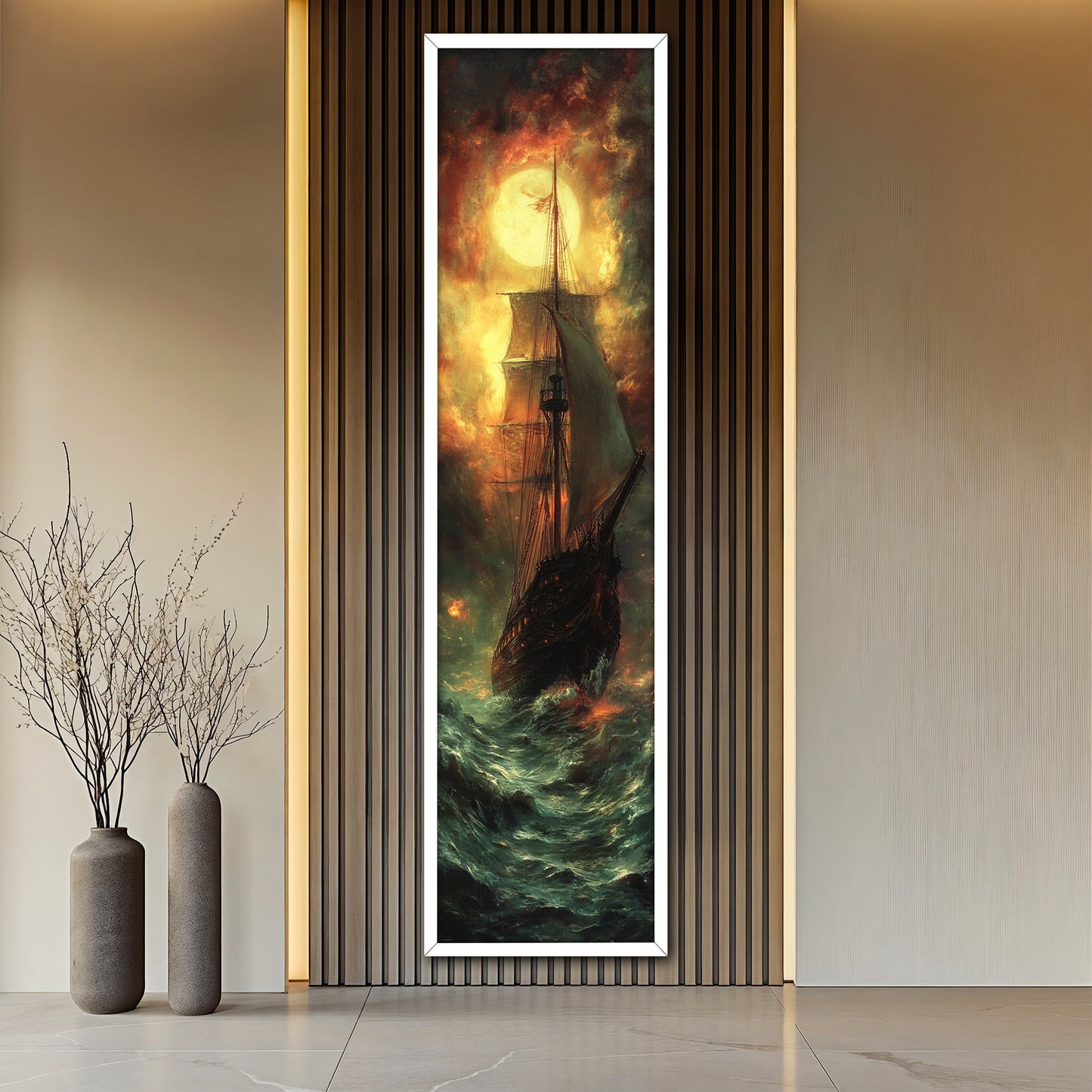Ghost Ship in Stormy Sea Canvas Wall Art - Dramatic Nautical Decor