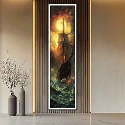 Ghost Ship in Stormy Sea Canvas Wall Art - Dramatic Nautical Decor