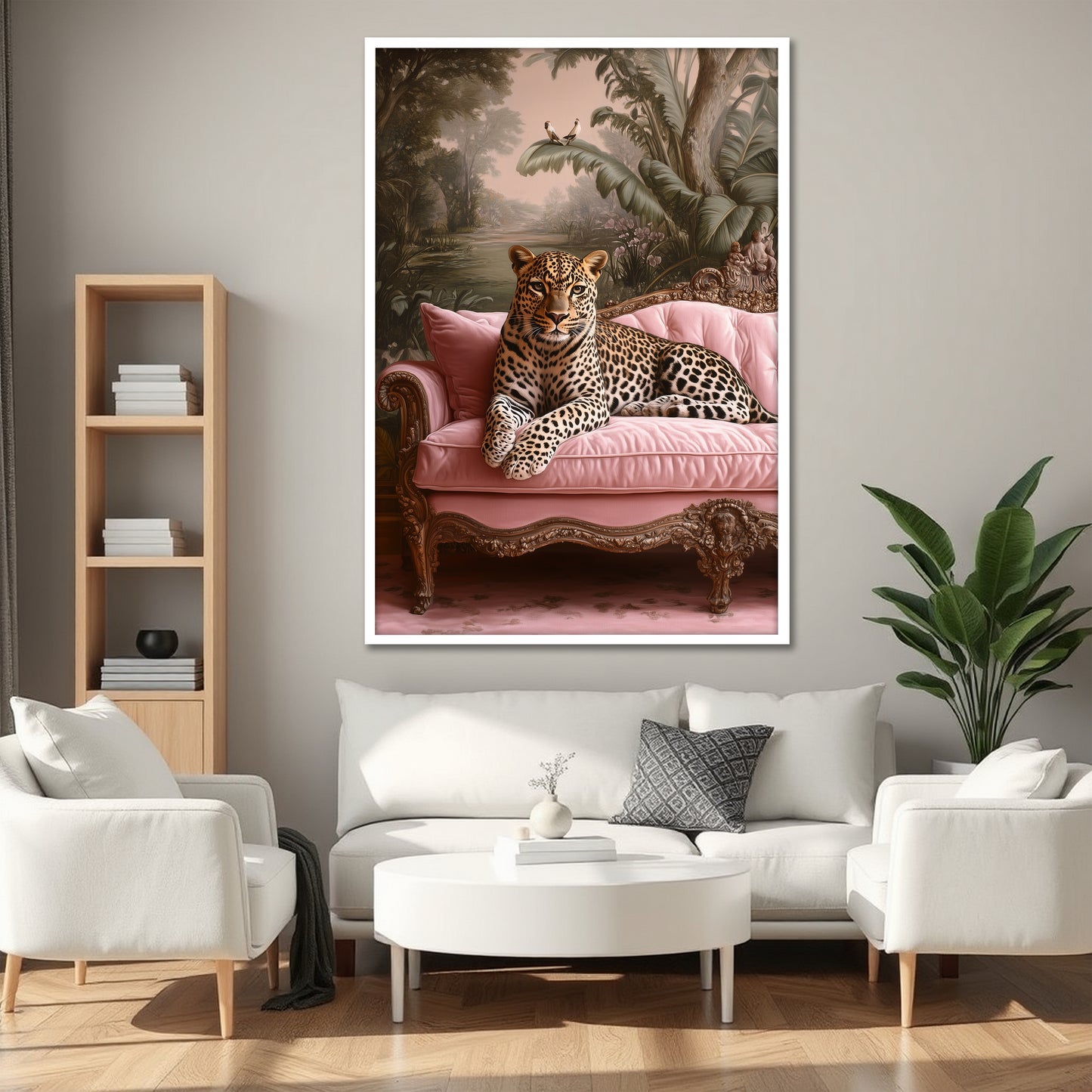 Leopard on Pink Sofa Canvas Print - Maximalist Jungle Wall Art