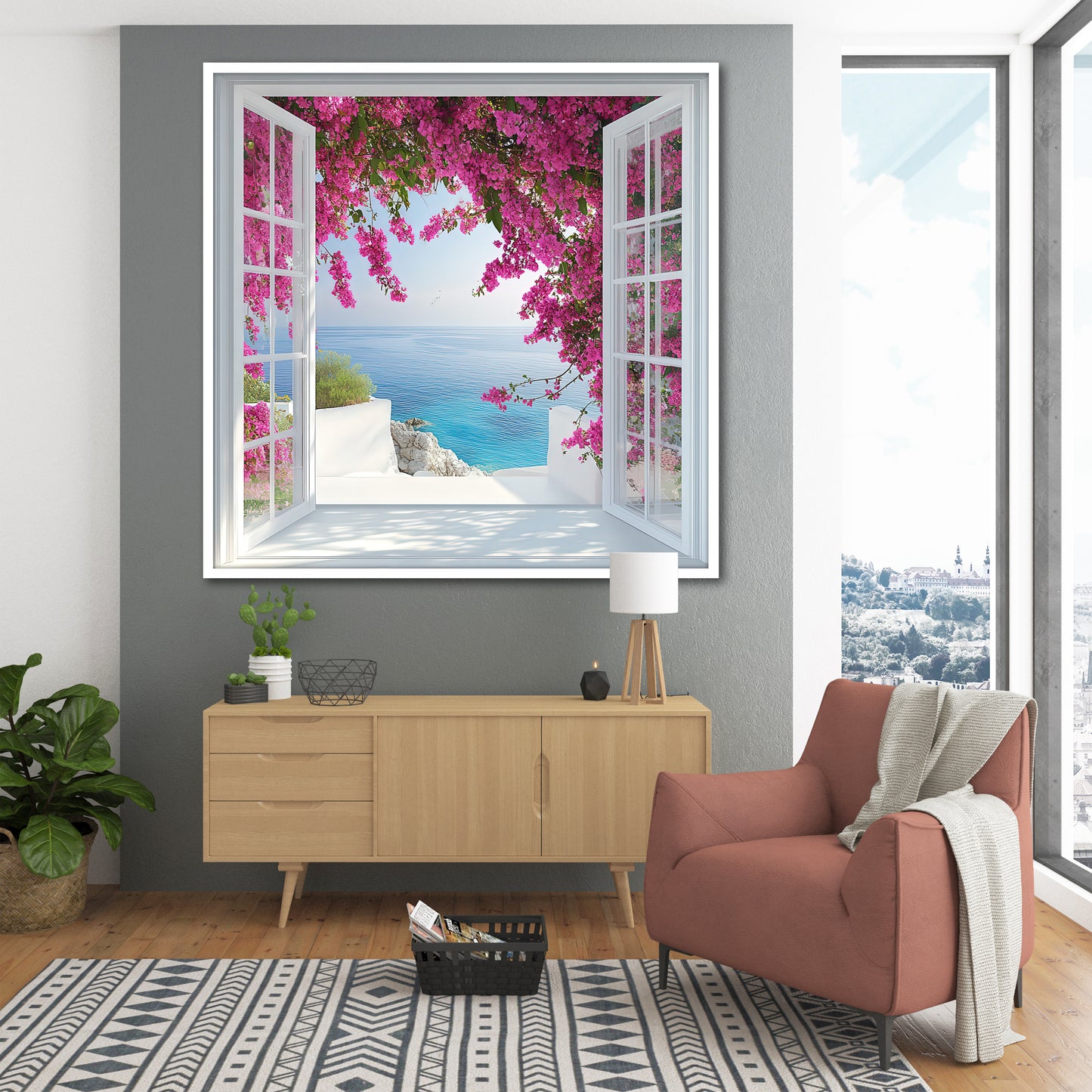 Mediterranean Open Window View Canvas Wall Art - Bougainvillea Flower Sea Landscape Print