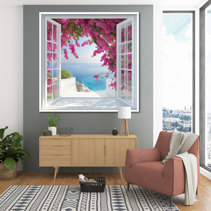 Mediterranean Open Window View Canvas Wall Art - Bougainvillea Flower Sea Landscape Print