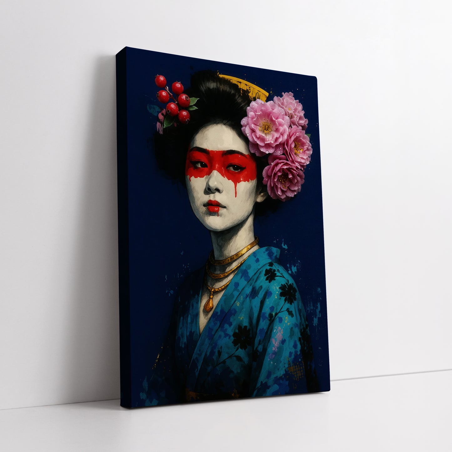 Modern Japanese Geisha Canvas Wall Art - Blue Kimono Portrait Decor
