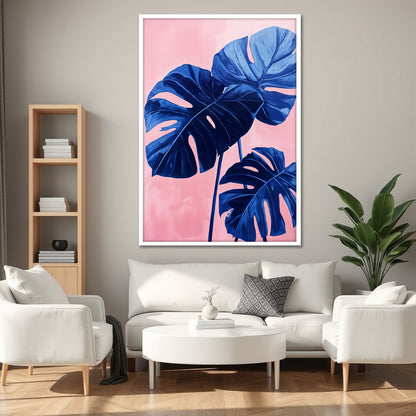 Blue Monstera Leaves Wall Art - Modern Pink Background Botanical Print