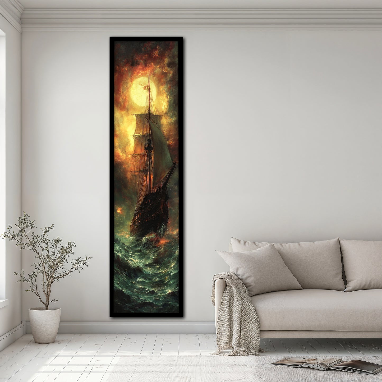 Ghost Ship in Stormy Sea Canvas Wall Art - Dramatic Nautical Decor