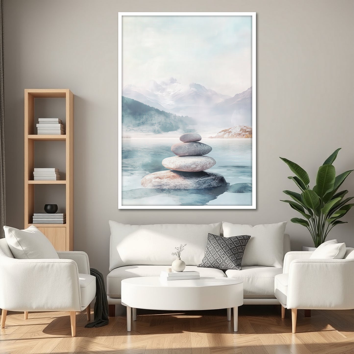 Zen Balanced Stones Misty Mountain Wall Art - Nordic Landscape Print