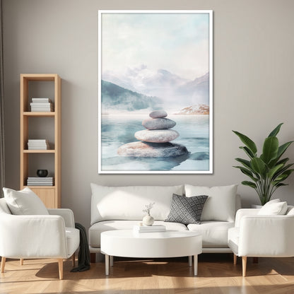 Zen Balanced Stones Misty Mountain Wall Art - Nordic Landscape Print