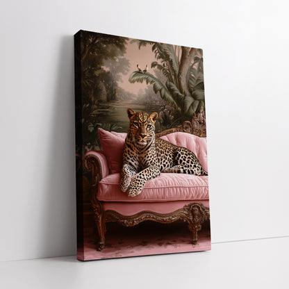 Leopard on Pink Sofa Canvas Print - Maximalist Jungle Wall Art