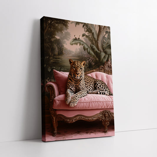 Leopard on Pink Sofa Canvas Print - Maximalist Jungle Wall Art