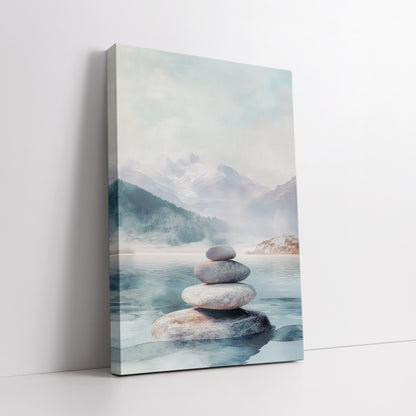 Zen Balanced Stones Misty Mountain Wall Art - Nordic Landscape Print
