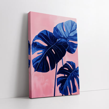 Blue Monstera Leaves Wall Art - Modern Pink Background Botanical Print