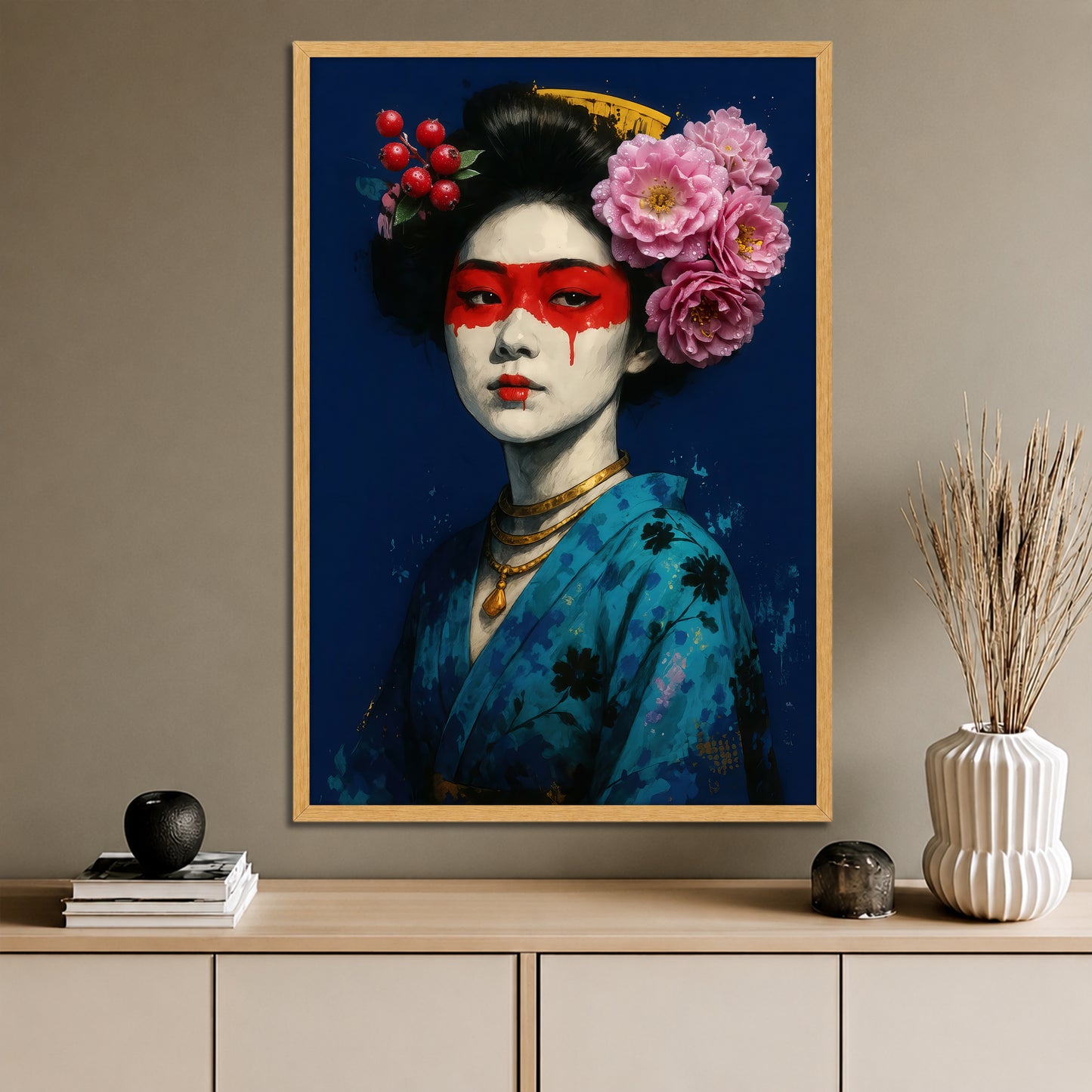 Modern Japanese Geisha Canvas Wall Art - Blue Kimono Portrait Decor