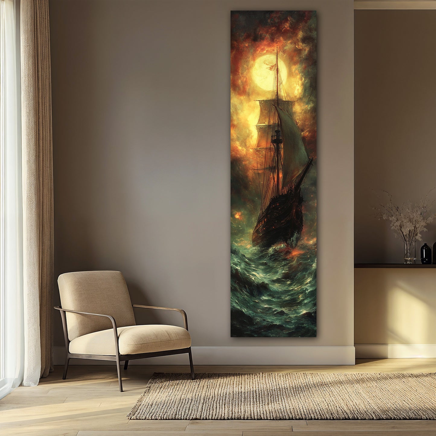 Ghost Ship in Stormy Sea Canvas Wall Art - Dramatic Nautical Decor
