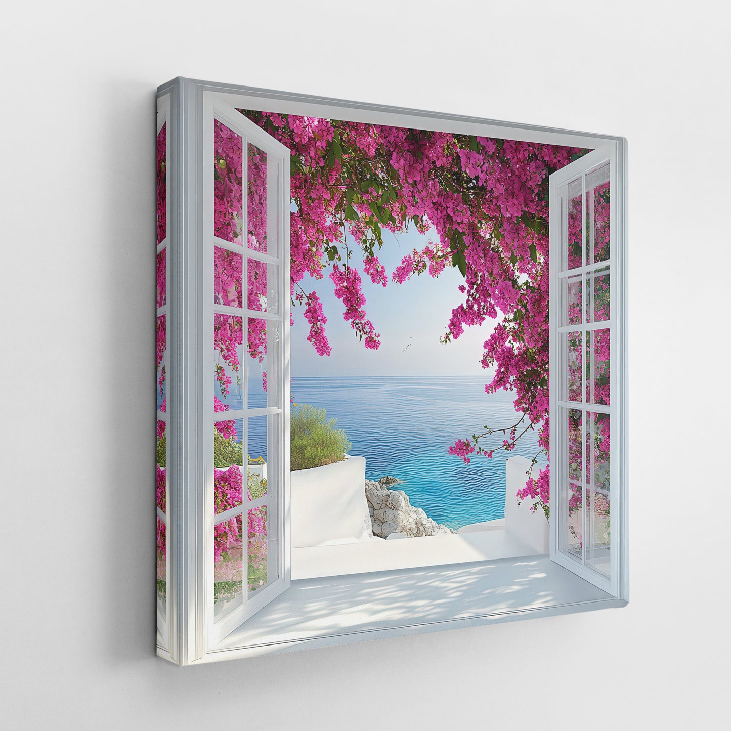 Mediterranean Open Window View Canvas Wall Art - Bougainvillea Flower Sea Landscape Print