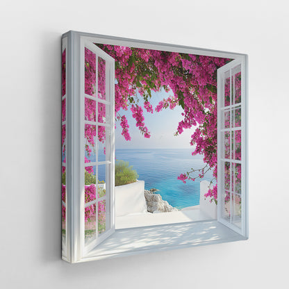 Mediterranean Open Window View Canvas Wall Art - Bougainvillea Flower Sea Landscape Print