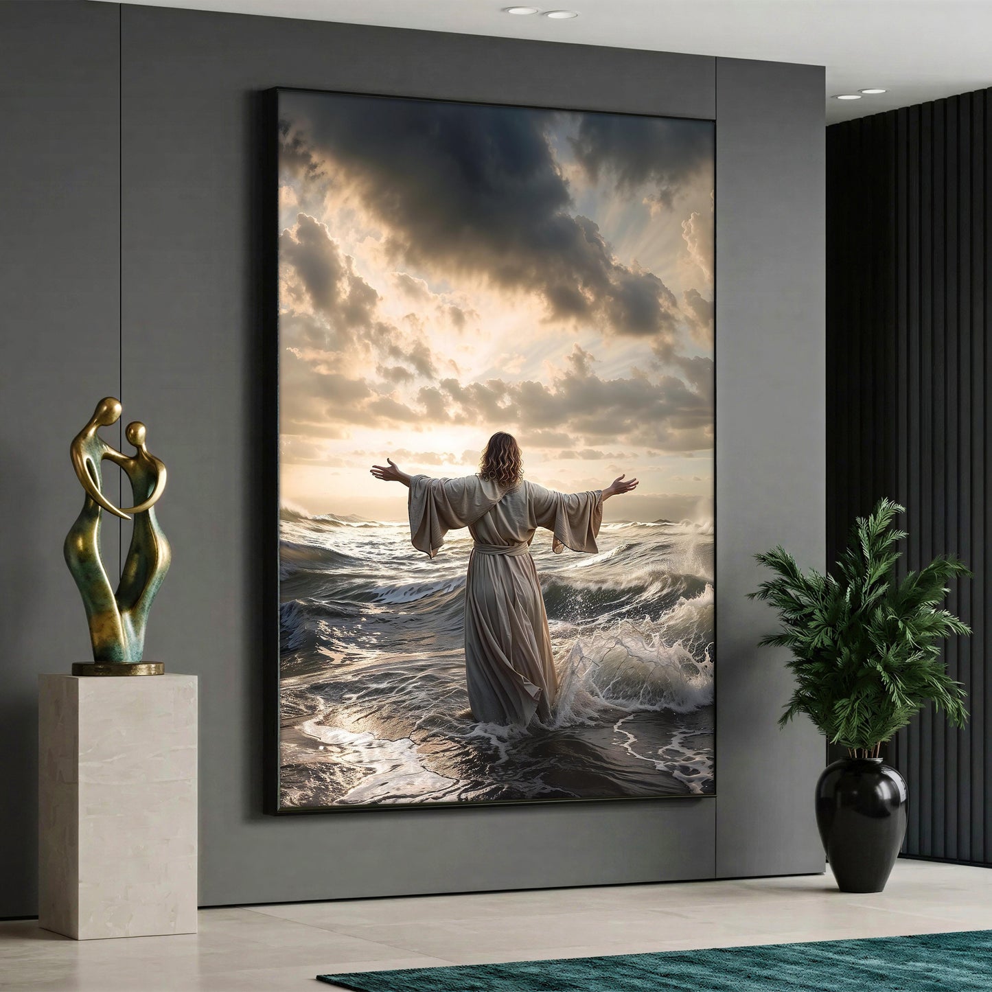 A canvas print depicting Jesus Christ from behind walking on the waves of a stormy sea with open arms, with a small wooden boat full of people in the background under a dramatic cloudy sky.