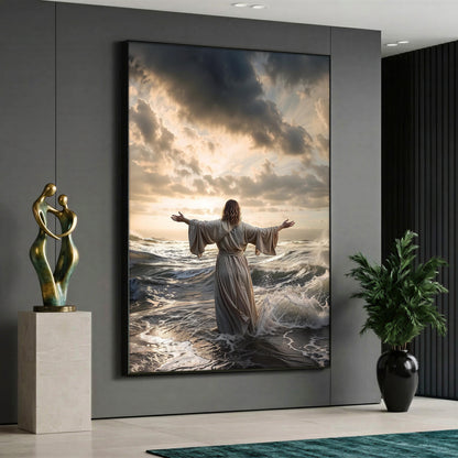 A canvas print depicting Jesus Christ from behind walking on the waves of a stormy sea with open arms, with a small wooden boat full of people in the background under a dramatic cloudy sky.