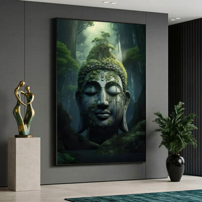 Canvas wall art featuring a stone Buddha face statue covered with green moss in a mystical forest