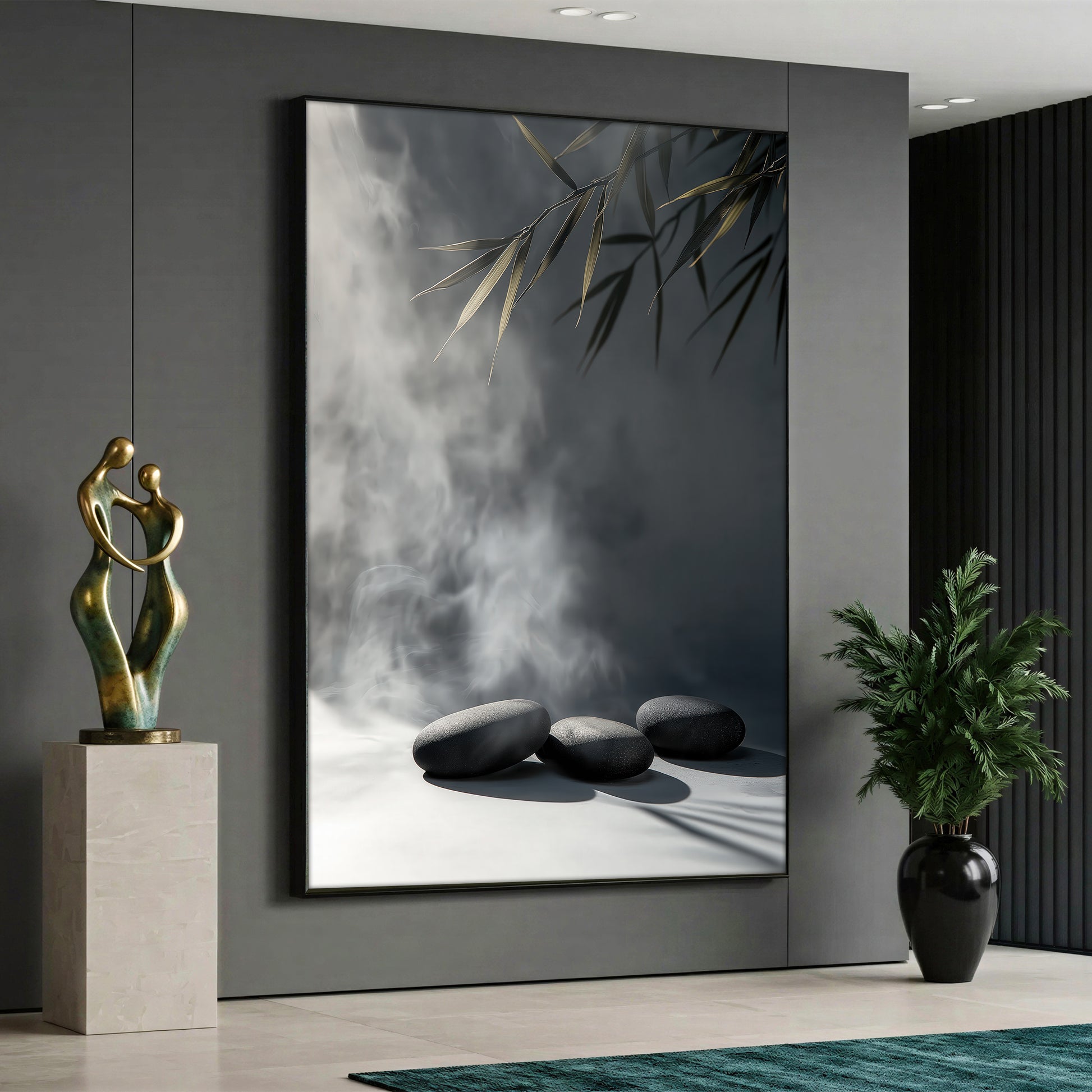 Modern canvas wall art featuring smooth black zen stones, mystical grey smoke background, and elegant gold bamboo leaves on top.