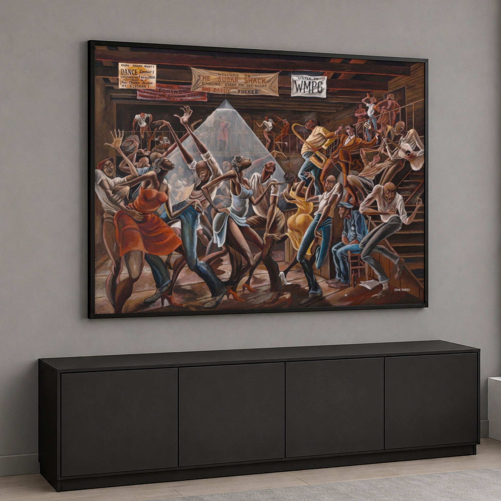 Ernie Barnes' The Sugar Shack style canvas painting depicting elongated figures dynamically dancing in a crowded wooden dance hall with a live band.