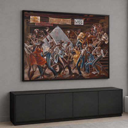 Ernie Barnes' The Sugar Shack style canvas painting depicting elongated figures dynamically dancing in a crowded wooden dance hall with a live band.