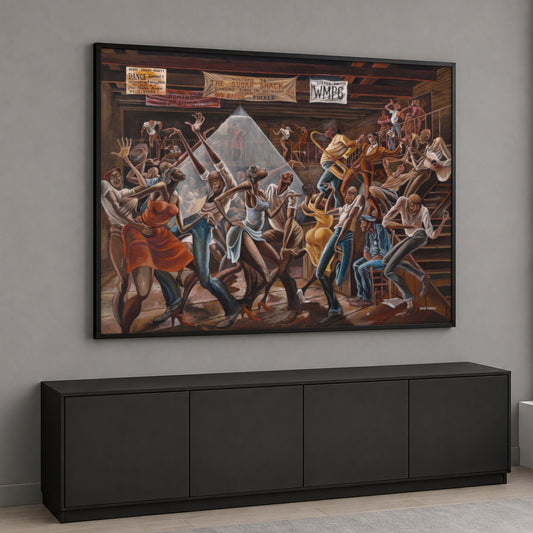 Ernie Barnes' The Sugar Shack style canvas painting depicting elongated figures dynamically dancing in a crowded wooden dance hall with a live band.