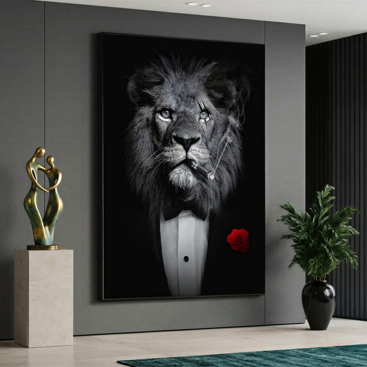 Lion in Suit Smoking Cigar Canvas Wall Art - Charismatic Boss Lion Decor
