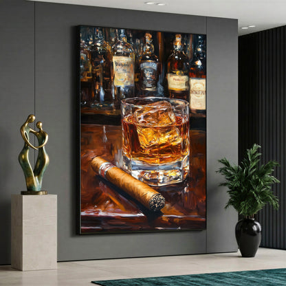 Oil painting style illustration featuring a glass of whiskey with ice cubes and a lit cigar on a wooden bar counter, with blurred liquor bottles lined up in the background.