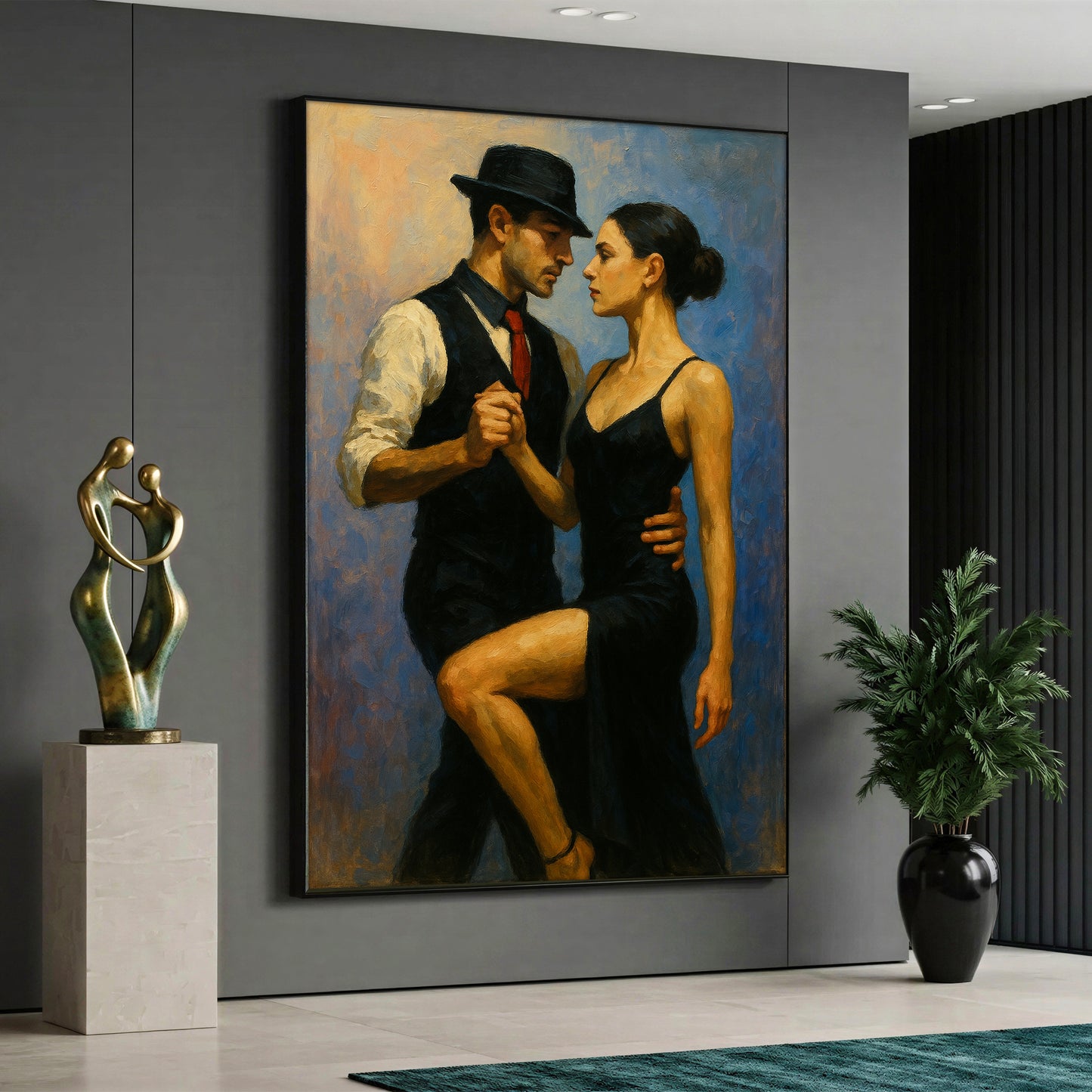An elegant canvas print showing a couple dancing tango, with a man wearing a black hat and vest, and a woman in a sleek black dress against a textured blue and gold background.