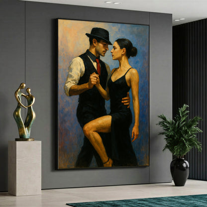 An elegant canvas print showing a couple dancing tango, with a man wearing a black hat and vest, and a woman in a sleek black dress against a textured blue and gold background.