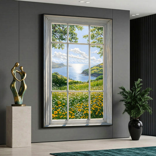 A scenic nature painting depicting a lush green hill covered in yellow wildflowers and a calm ocean bay seen through a large window.