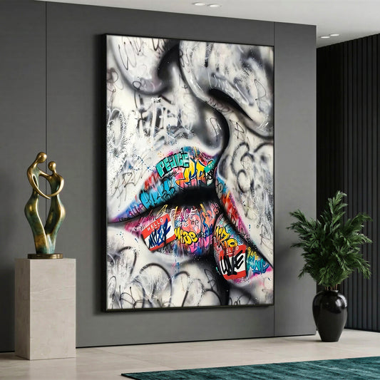 A modern pop art canvas painting depicting a close-up abstract face in monochrome sketches, featuring vibrant, multicolored full lips covered in colorful street graffiti text, a "Peace" tag, and urban stickers.