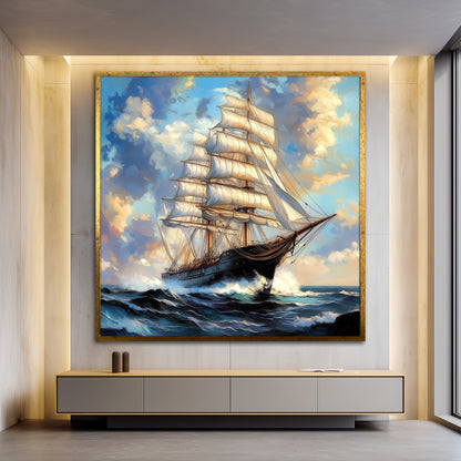 Majestic Sailing Ship Canvas Wall Art - Stormy Ocean Wave Modern Art Print