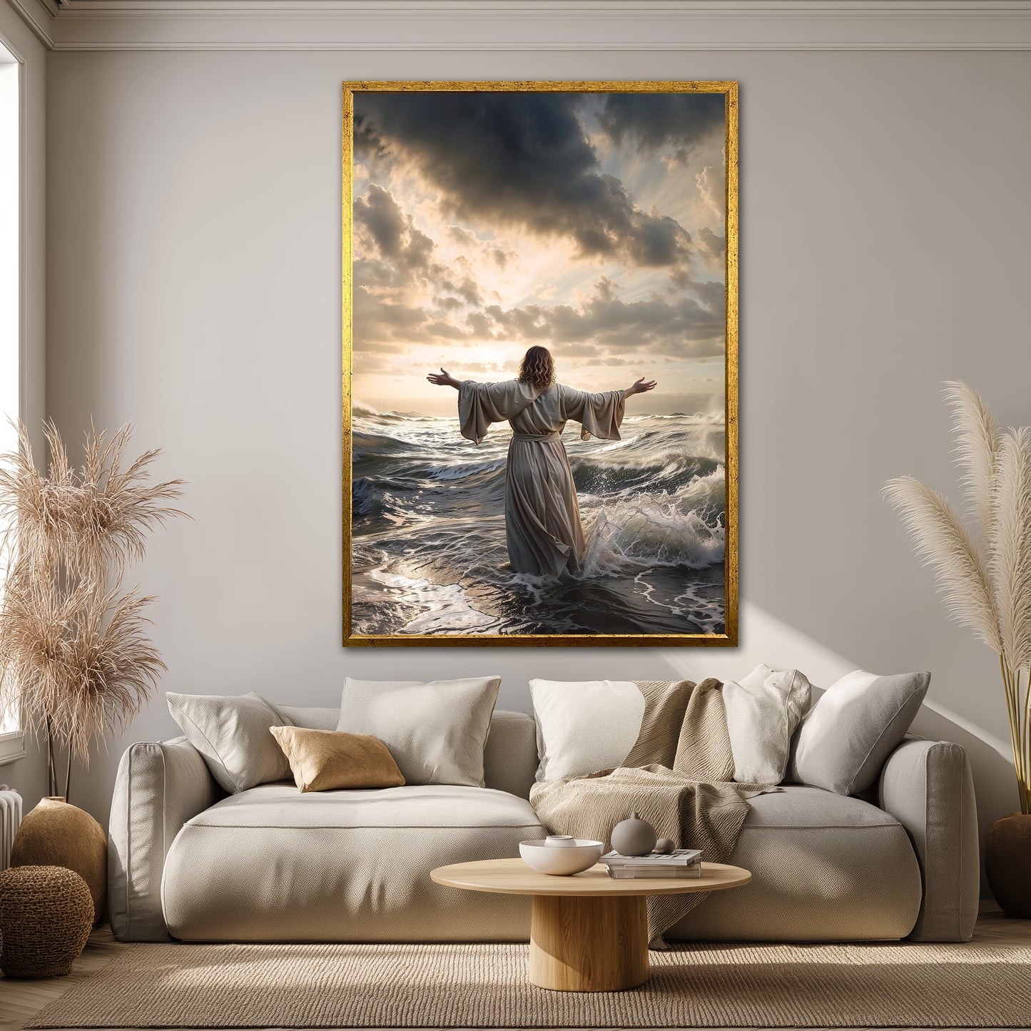 Jesus Walking on Water Wall Art - Christ Miracle Stormy Sea and Boat Painting