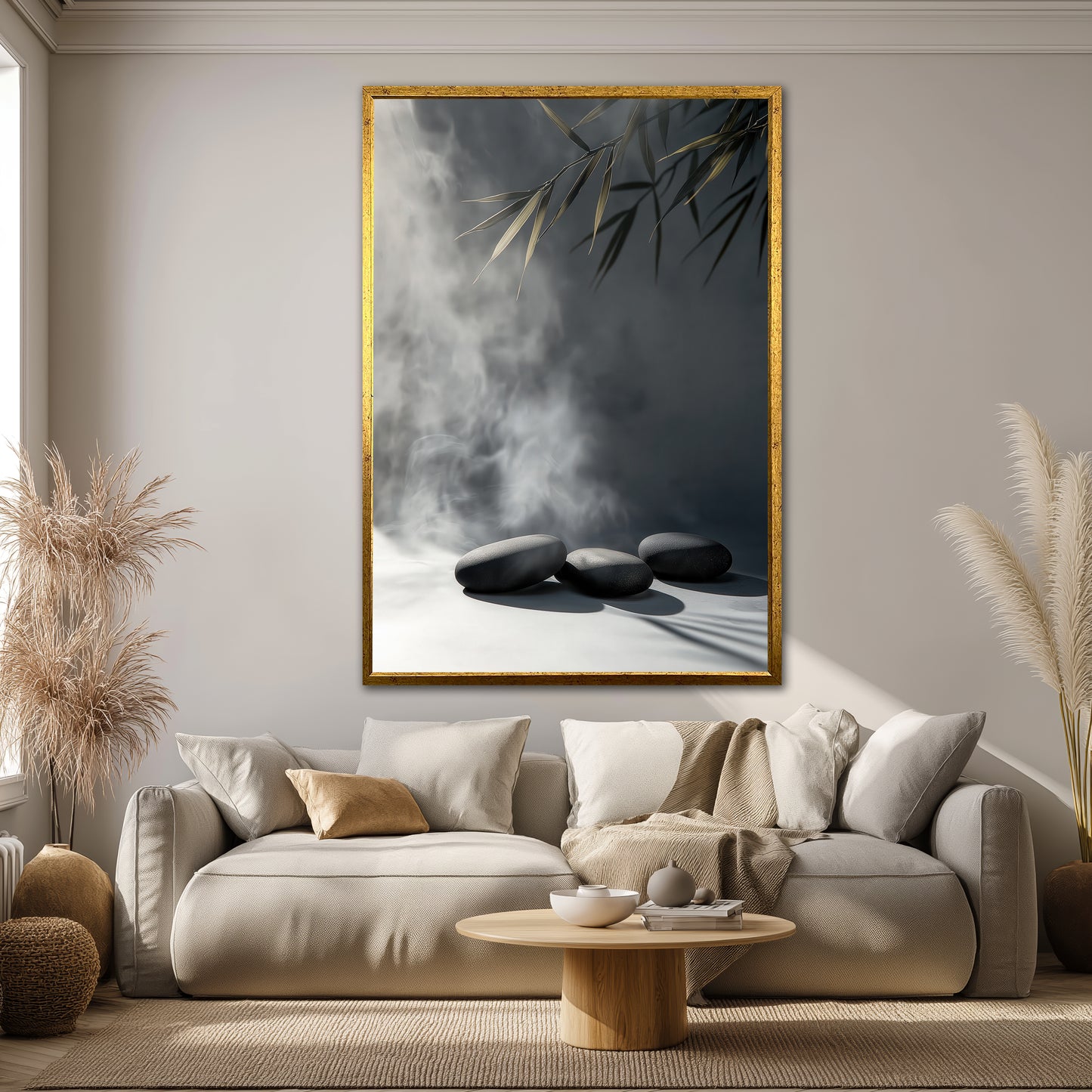 Zen Stones and Gold Bamboo Leaves Canvas Art - Modern Minimalist Painting