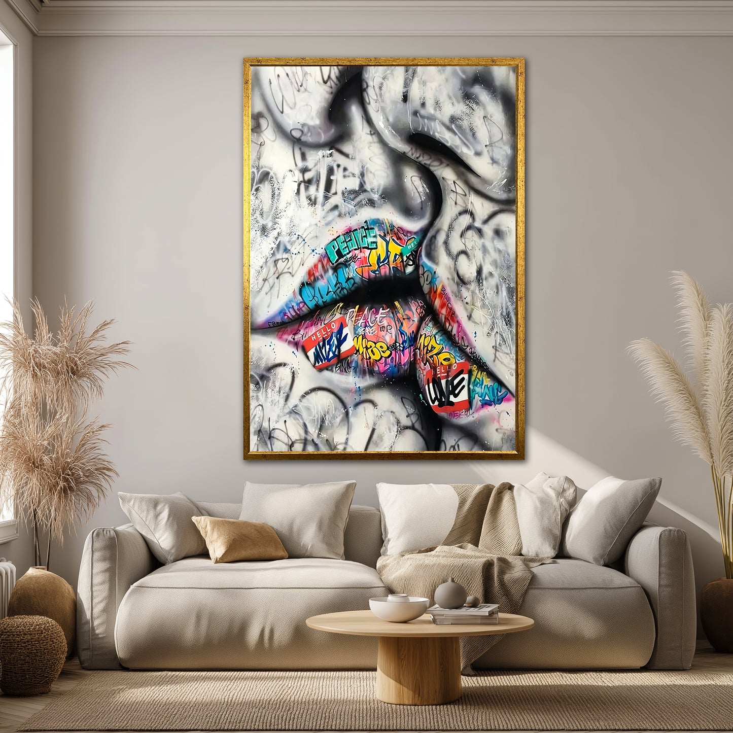 Colorful Graffiti Lips Canvas Art - Street Pop Art Kiss Print
