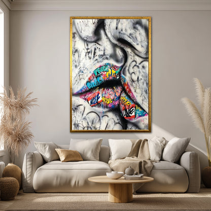 Colorful Graffiti Lips Canvas Art - Street Pop Art Kiss Print