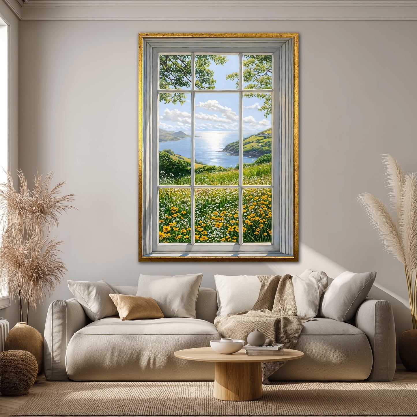 Fake Window View Wildflower Canvas Art - Coastal Meadow Landscape Print