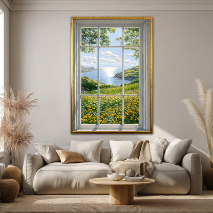 Fake Window View Wildflower Canvas Art - Coastal Meadow Landscape Print