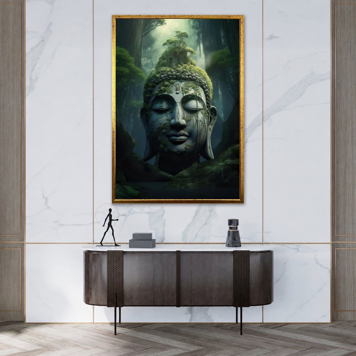 Mossy Stone Buddha in Forest Canvas Art - Mystic Nature Print