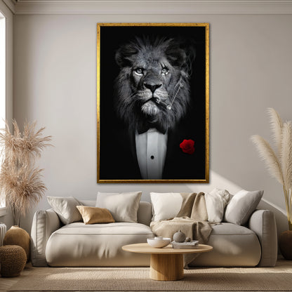 Lion in Suit Smoking Cigar Canvas Wall Art - Charismatic Boss Lion Decor