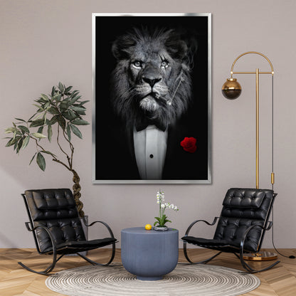 Lion in Suit Smoking Cigar Canvas Wall Art - Charismatic Boss Lion Decor