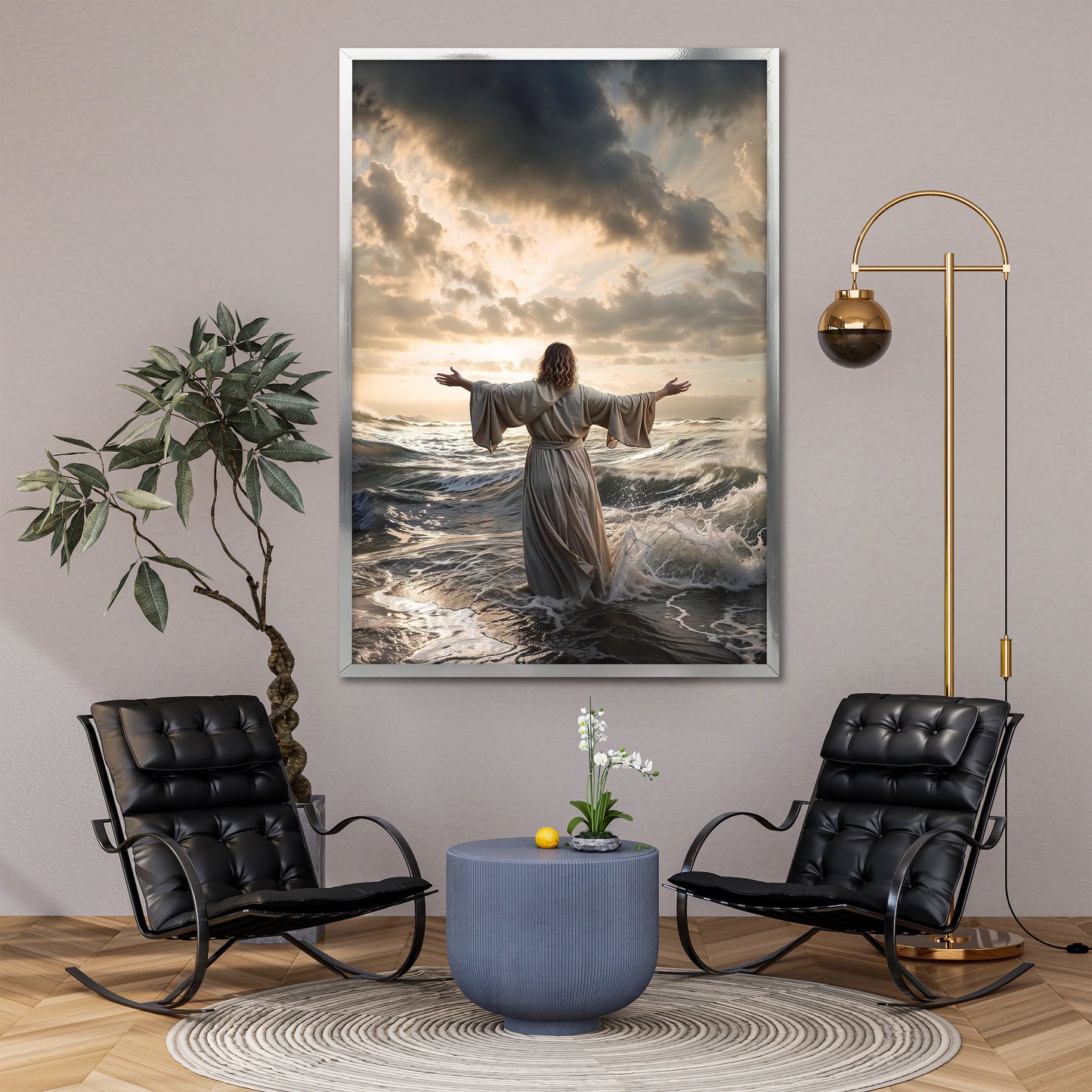 Jesus Walking on Water Wall Art - Christ Miracle Stormy Sea and Boat Painting