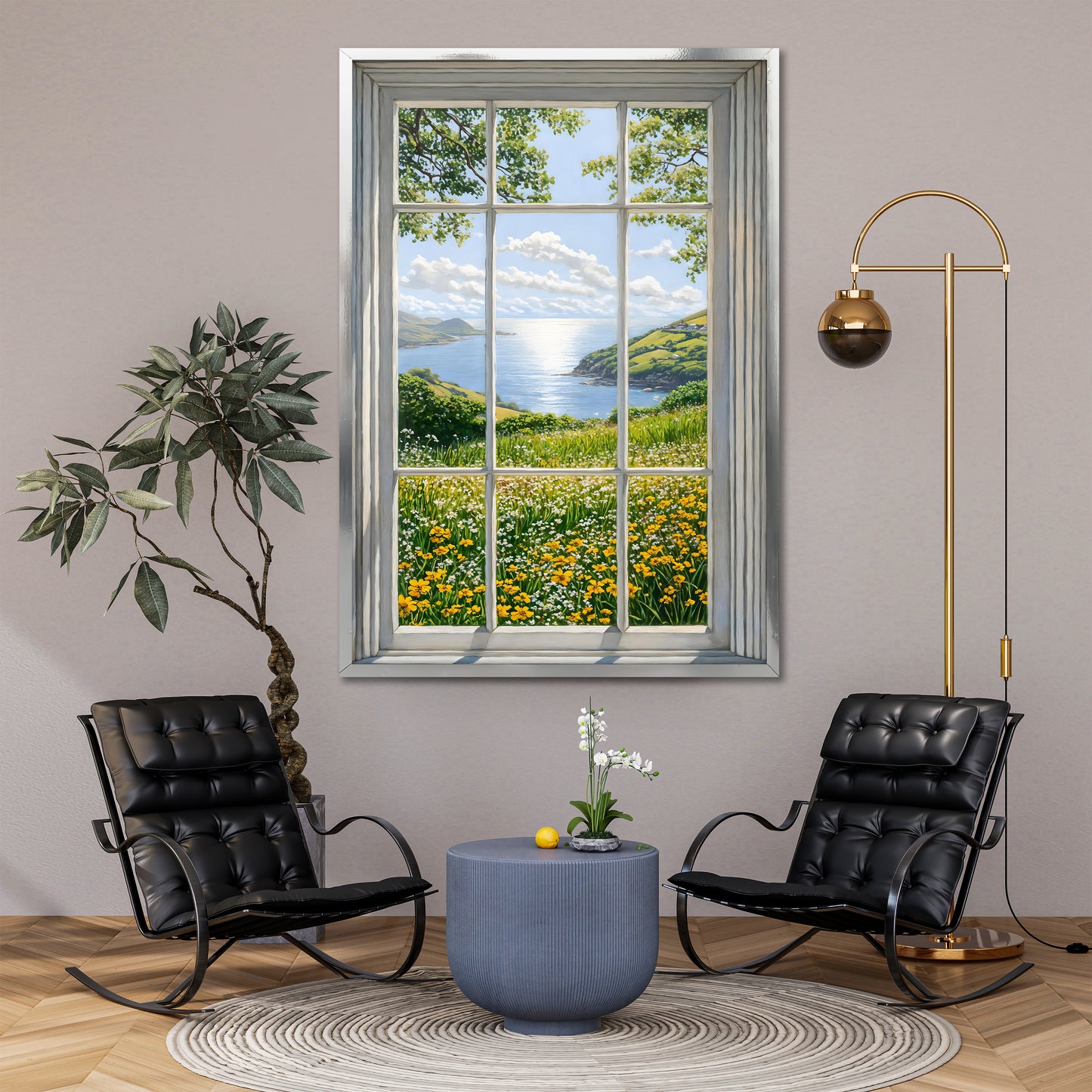 Fake Window View Wildflower Canvas Art - Coastal Meadow Landscape Print