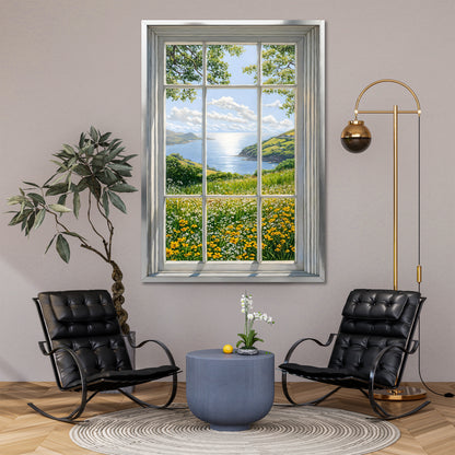 Fake Window View Wildflower Canvas Art - Coastal Meadow Landscape Print