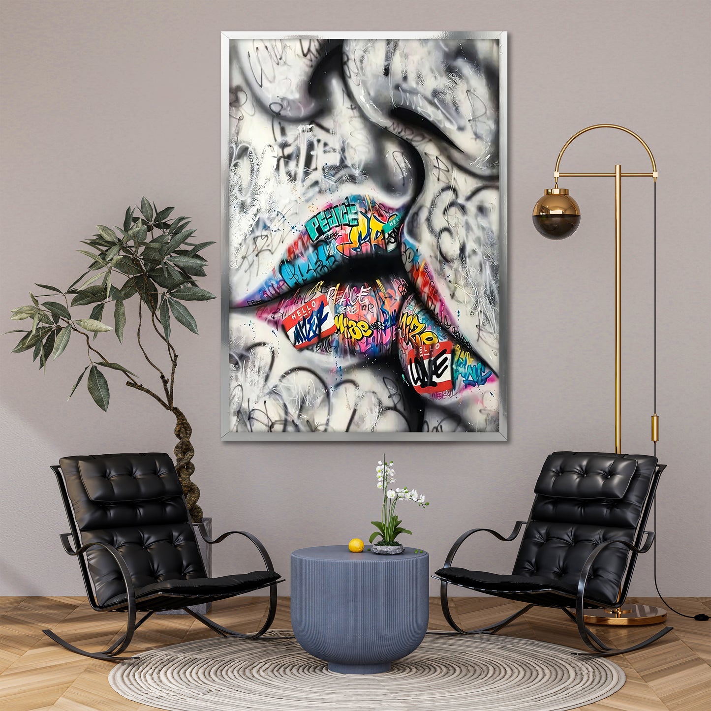 Colorful Graffiti Lips Canvas Art - Street Pop Art Kiss Print