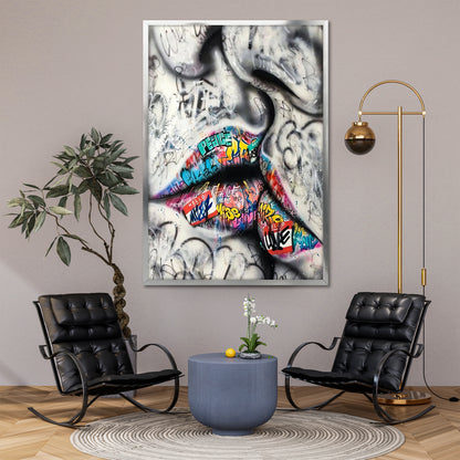 Colorful Graffiti Lips Canvas Art - Street Pop Art Kiss Print