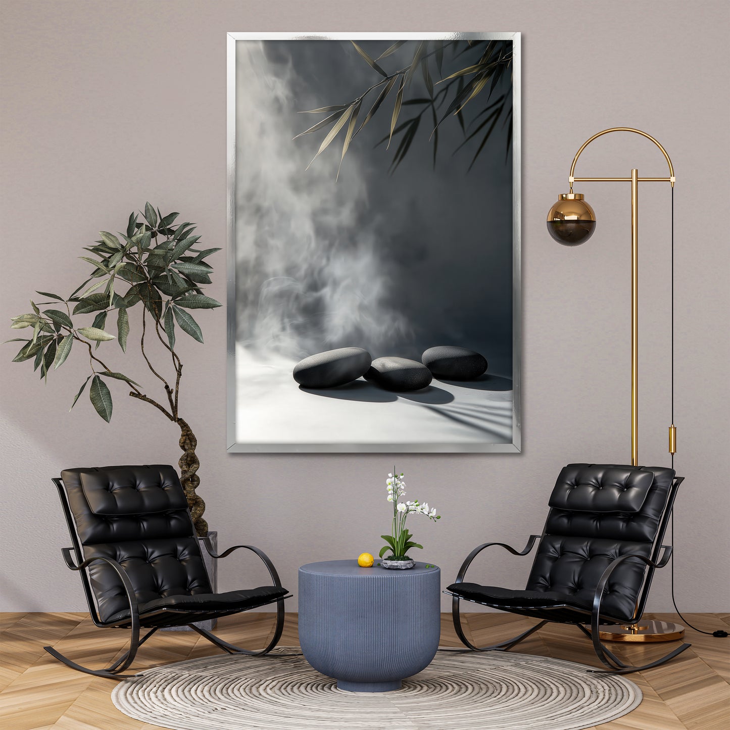 Zen Stones and Gold Bamboo Leaves Canvas Art - Modern Minimalist Painting